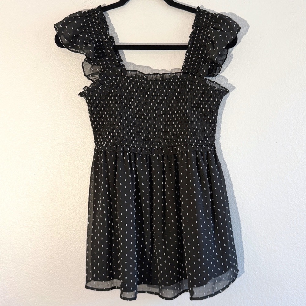 NEW Motherhood Maternity Smocked Bodice Ruffled Shoulders Top S Black Polka Dot